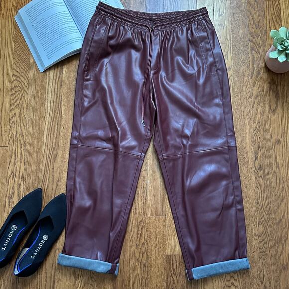 MNG Burgundy Faux Leather Drawstring Pants - Picture 1 of 8
